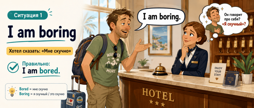 Ошибка в английском: I am boring вместо I am bored