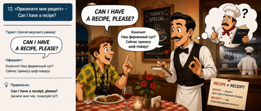 Ошибка в английском: recipe вместо receipt в ресторане