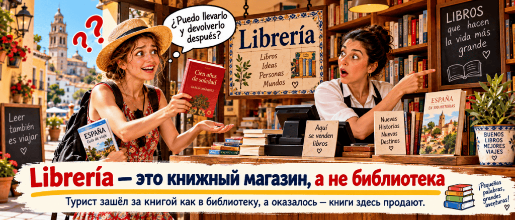 Испанское слово librería означает книжный магазин, а не библиотеку